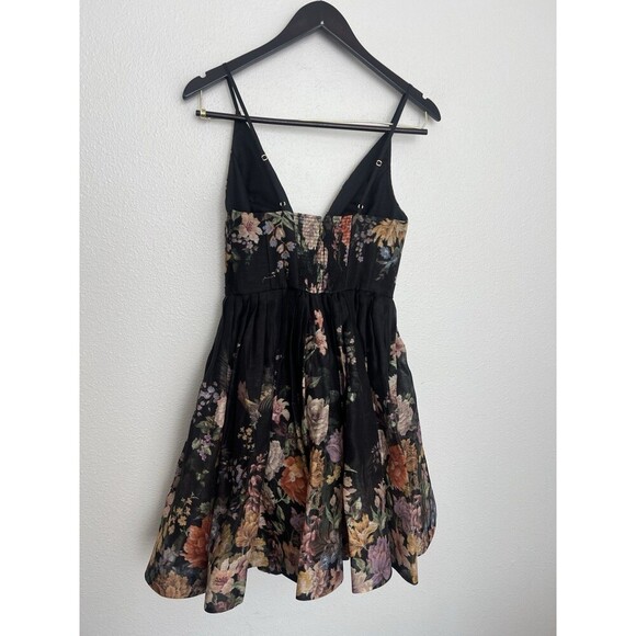 Zimmermann Pavilion V Neck Mini Dress in Black Multi Floral Linen Silk AU 1 US 6 - Picture 11 of 16